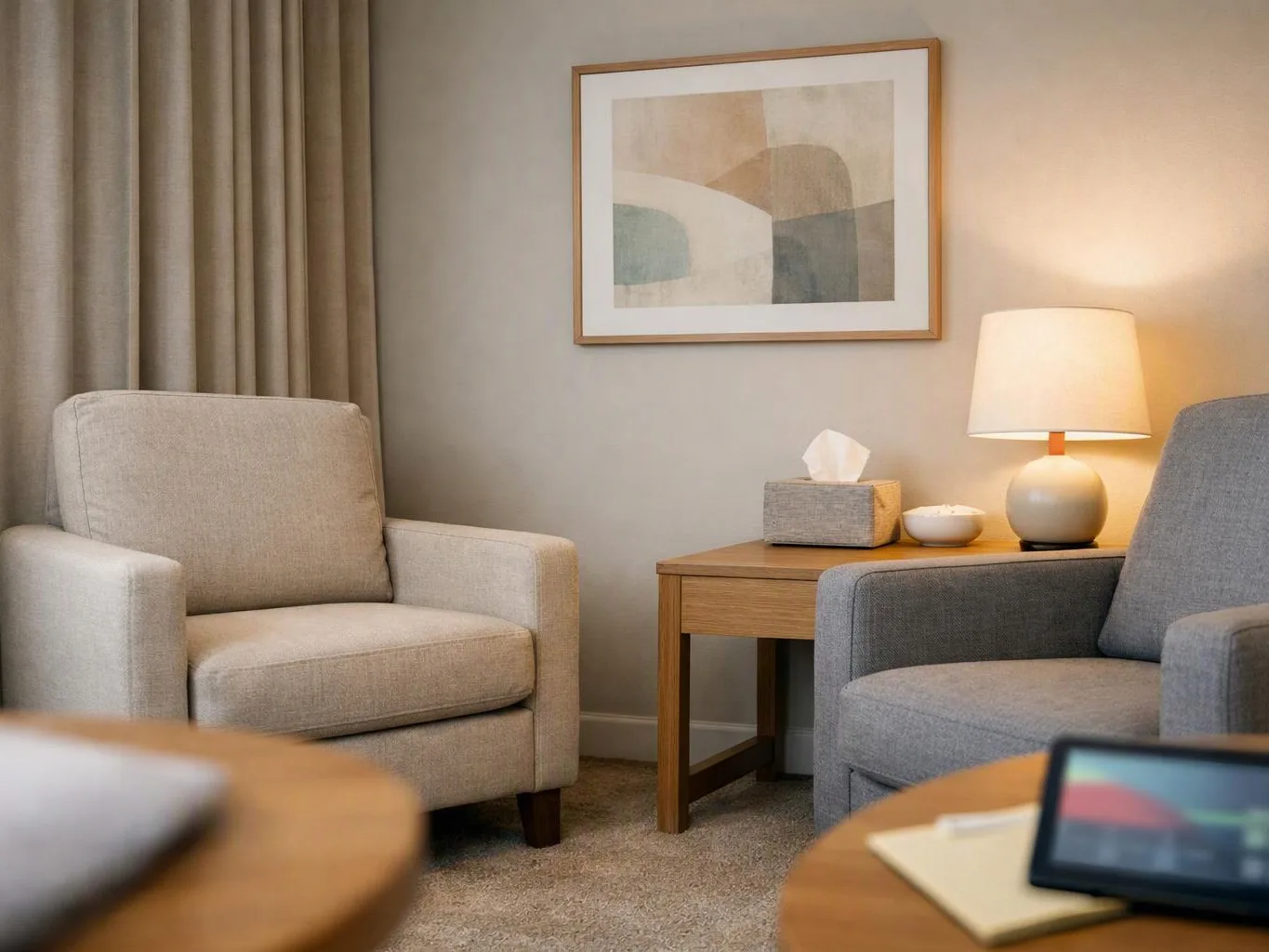 A cozy living room shows two armchairs, a side table with a lamp and tissues, and abstract wall art