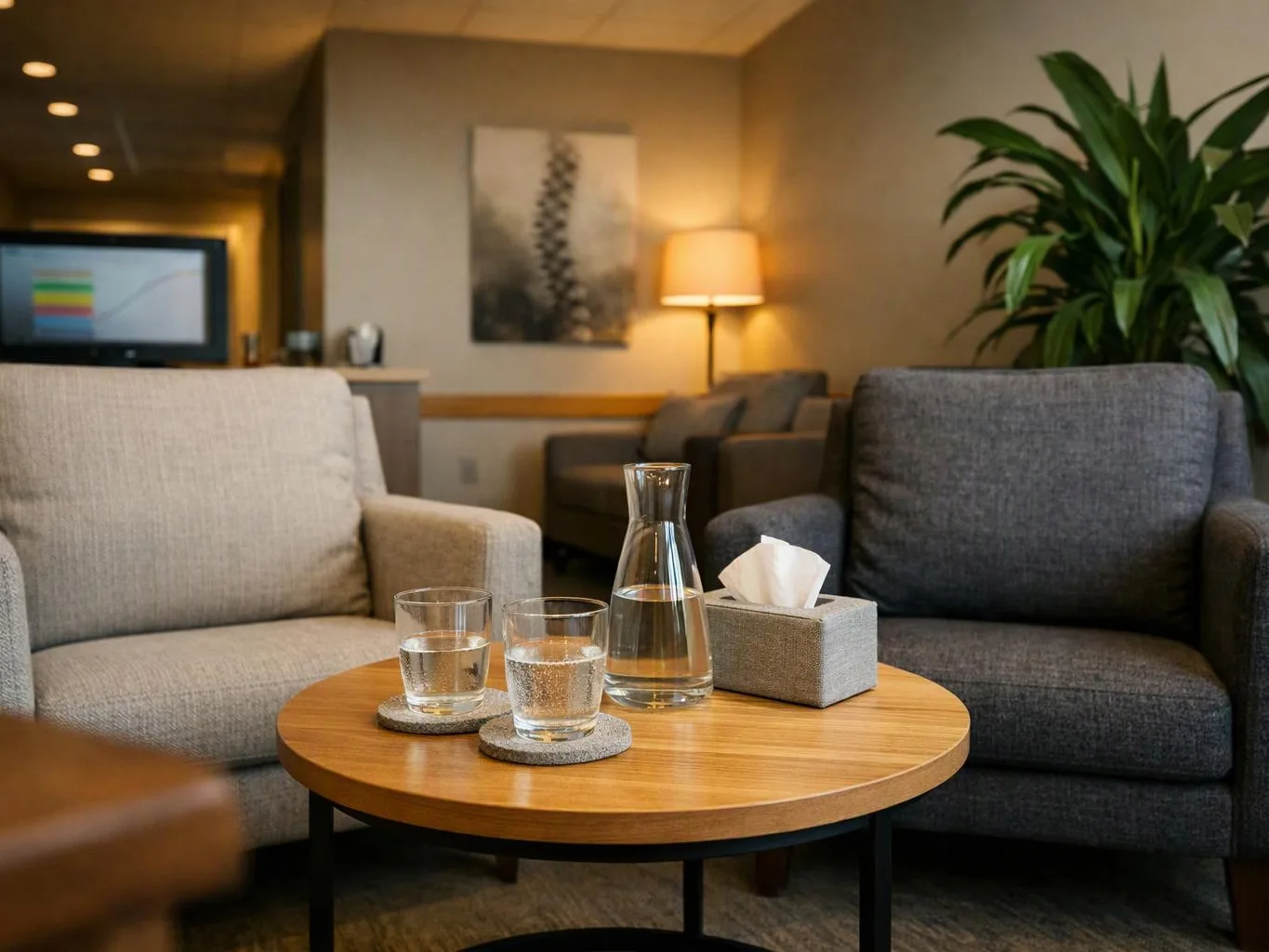 A cozy lounge shows two armchairs, a round table with water glasses and a carafe, and a lamp glowing beside a plant