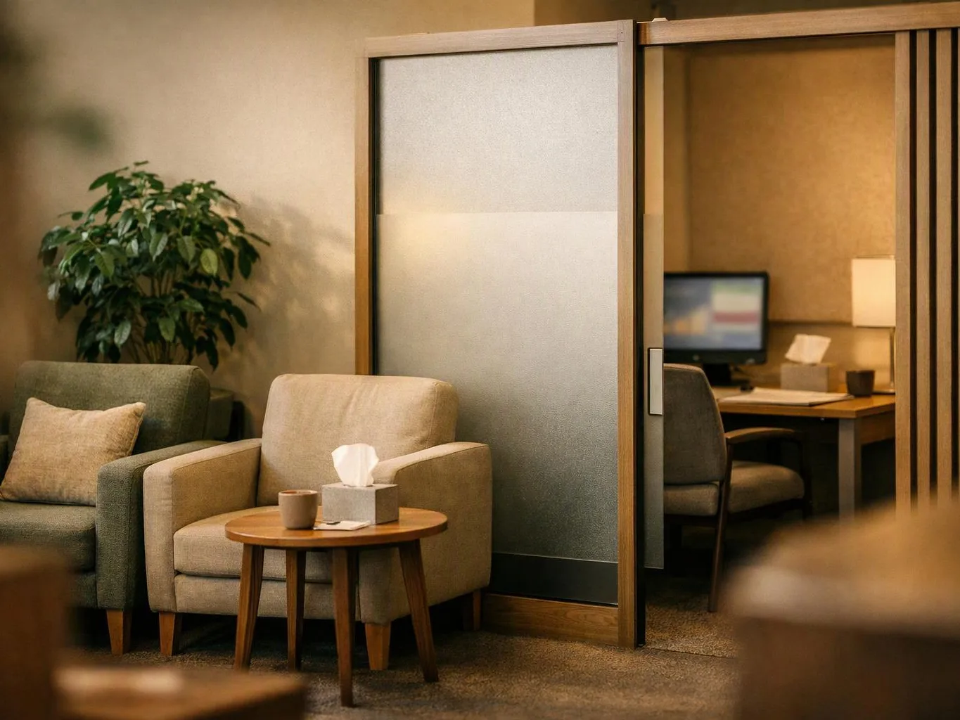A cozy office lounge shows armchairs, a side table with tissues and a cup, and a desk behind frosted glass doors