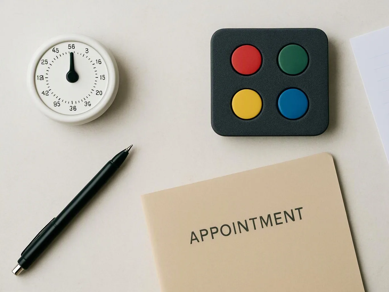 A desk shows a timer, a black pen, colored buttons, and an appointment card