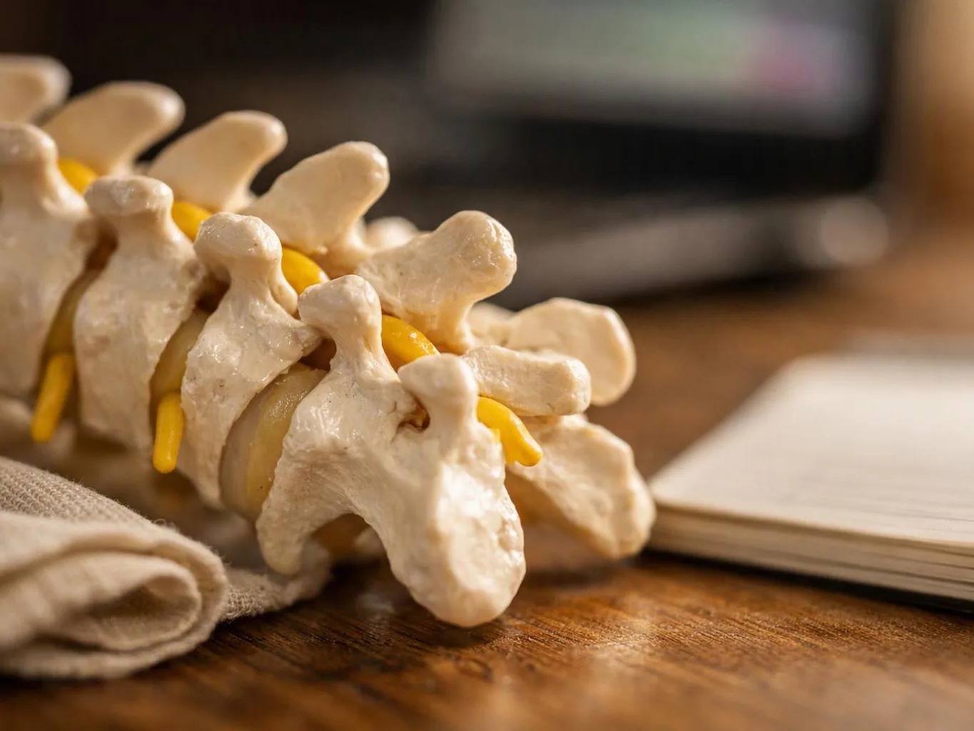 A detailed spine model with yellow nerves rests on a wooden table beside a folded cloth and an open book