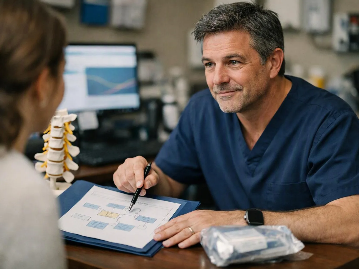 A doctor in blue scrubs points at a chart while talking with a patient in a clinic office