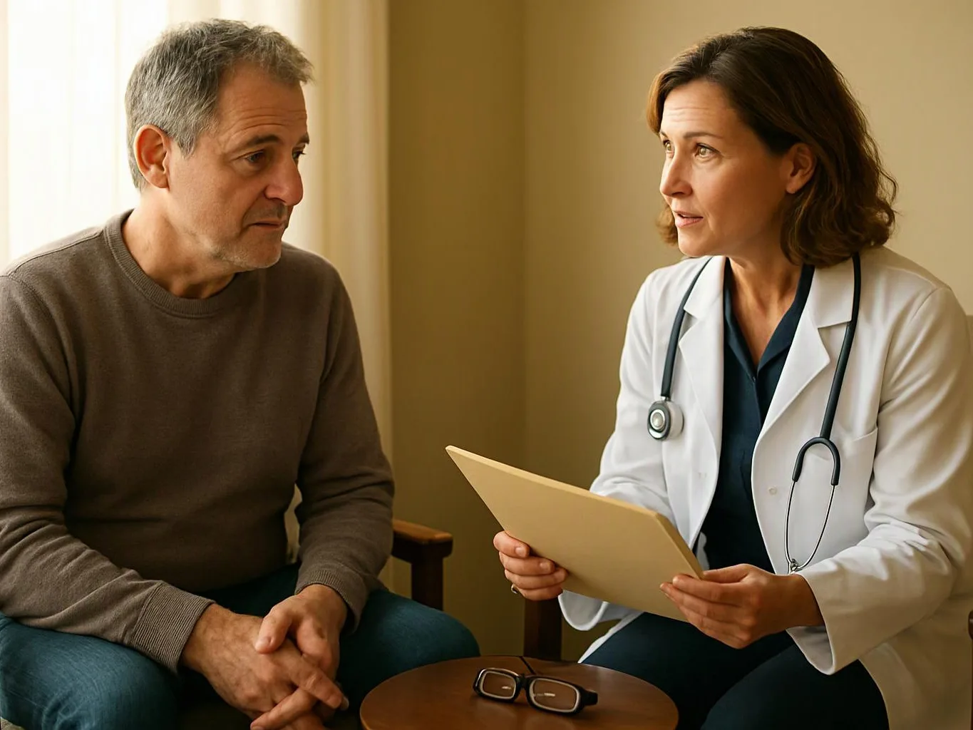A doctor holds a folder while speaking with a seated man in a warm clinic room