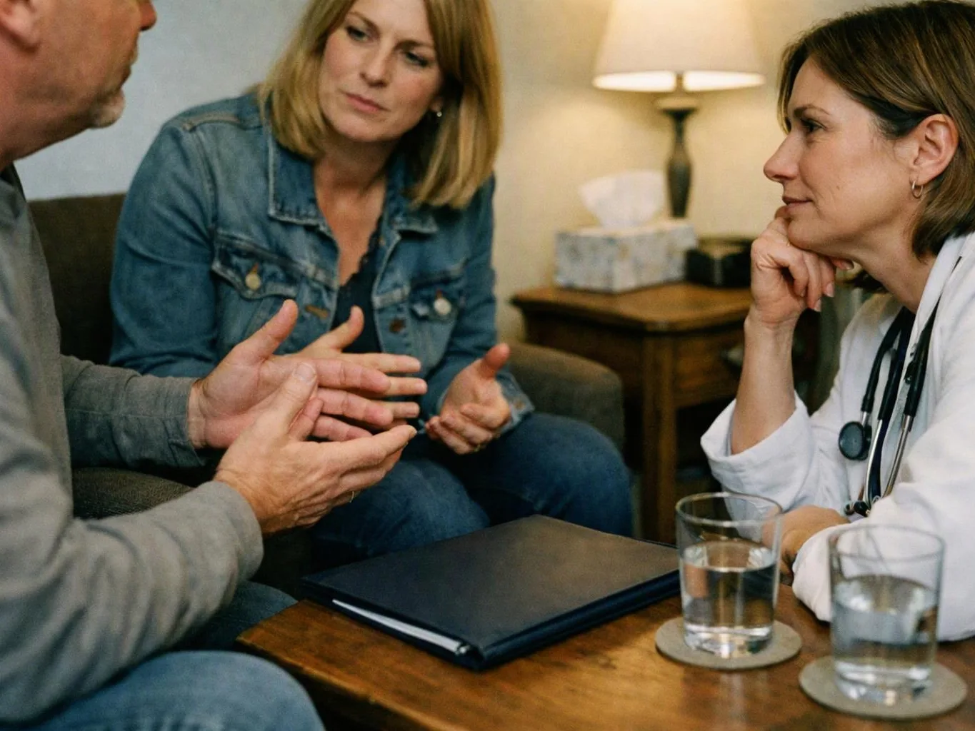 A doctor listens to a couple talking across a coffee table in a living room