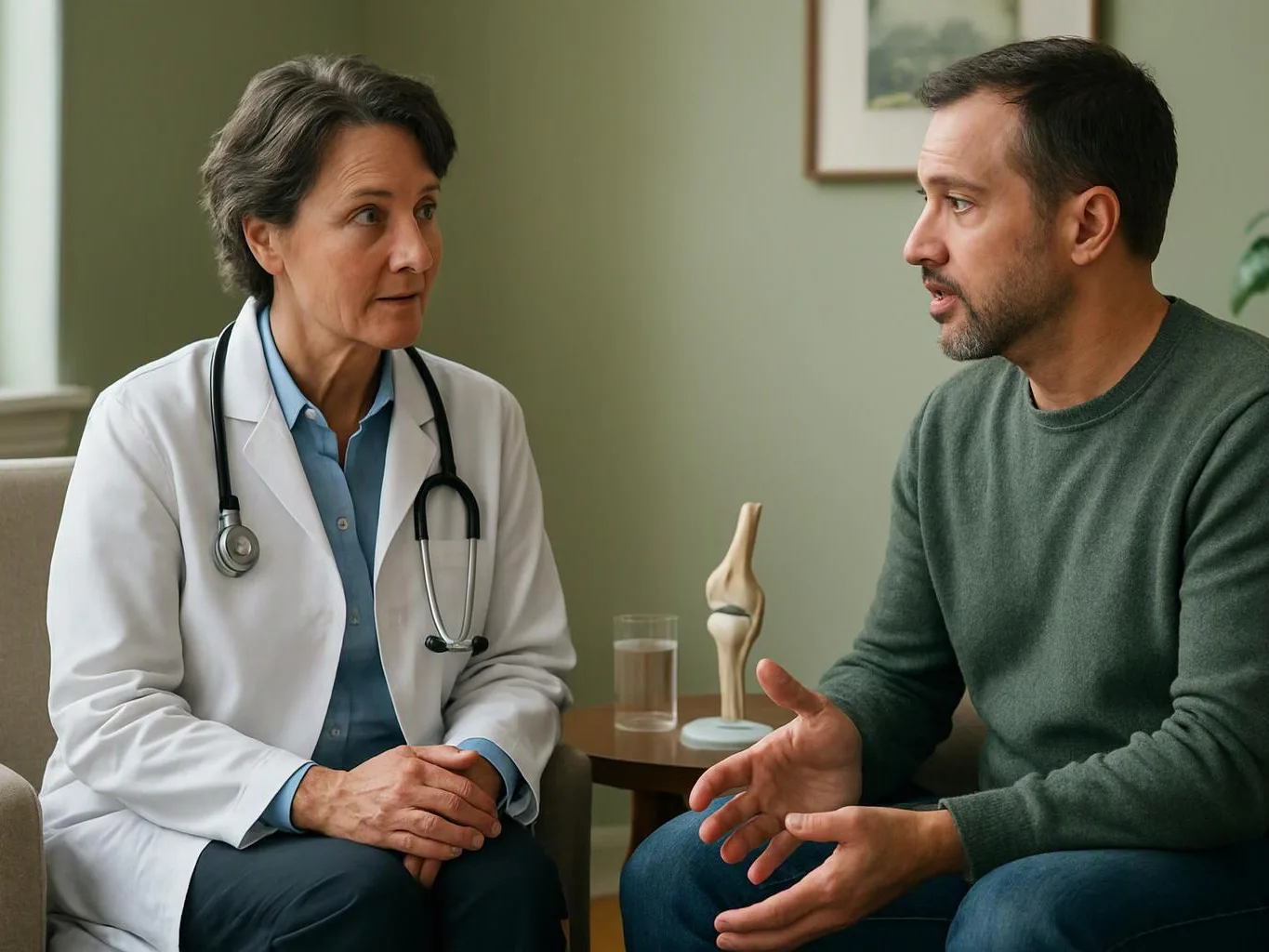 A doctor listens to a man speaking in a quiet exam room with a knee model on the table