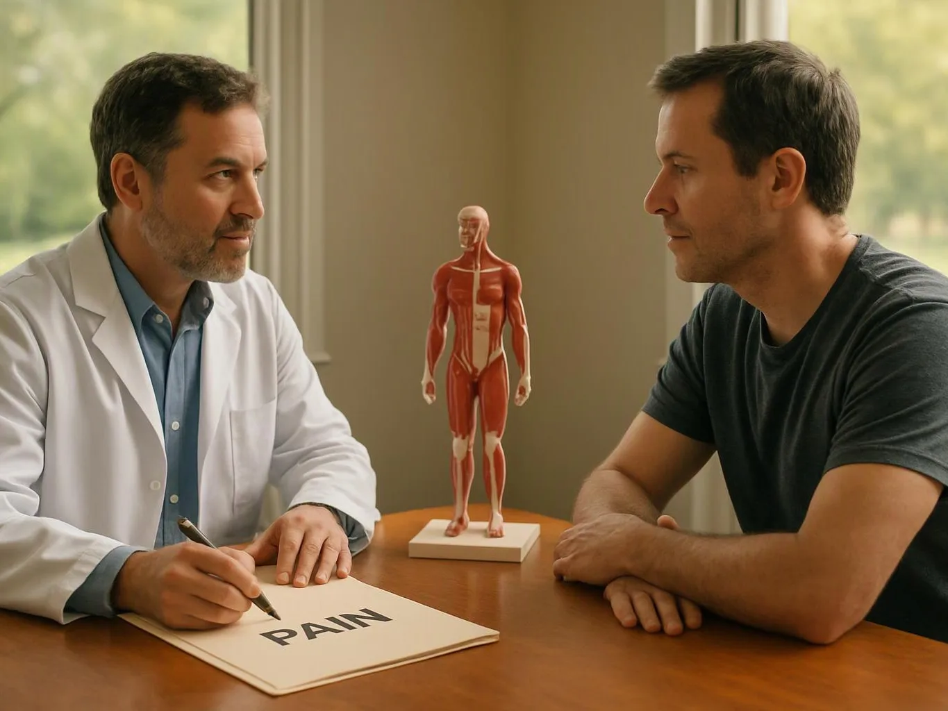 A doctor and a patient face each other at a table with a human anatomy model between them