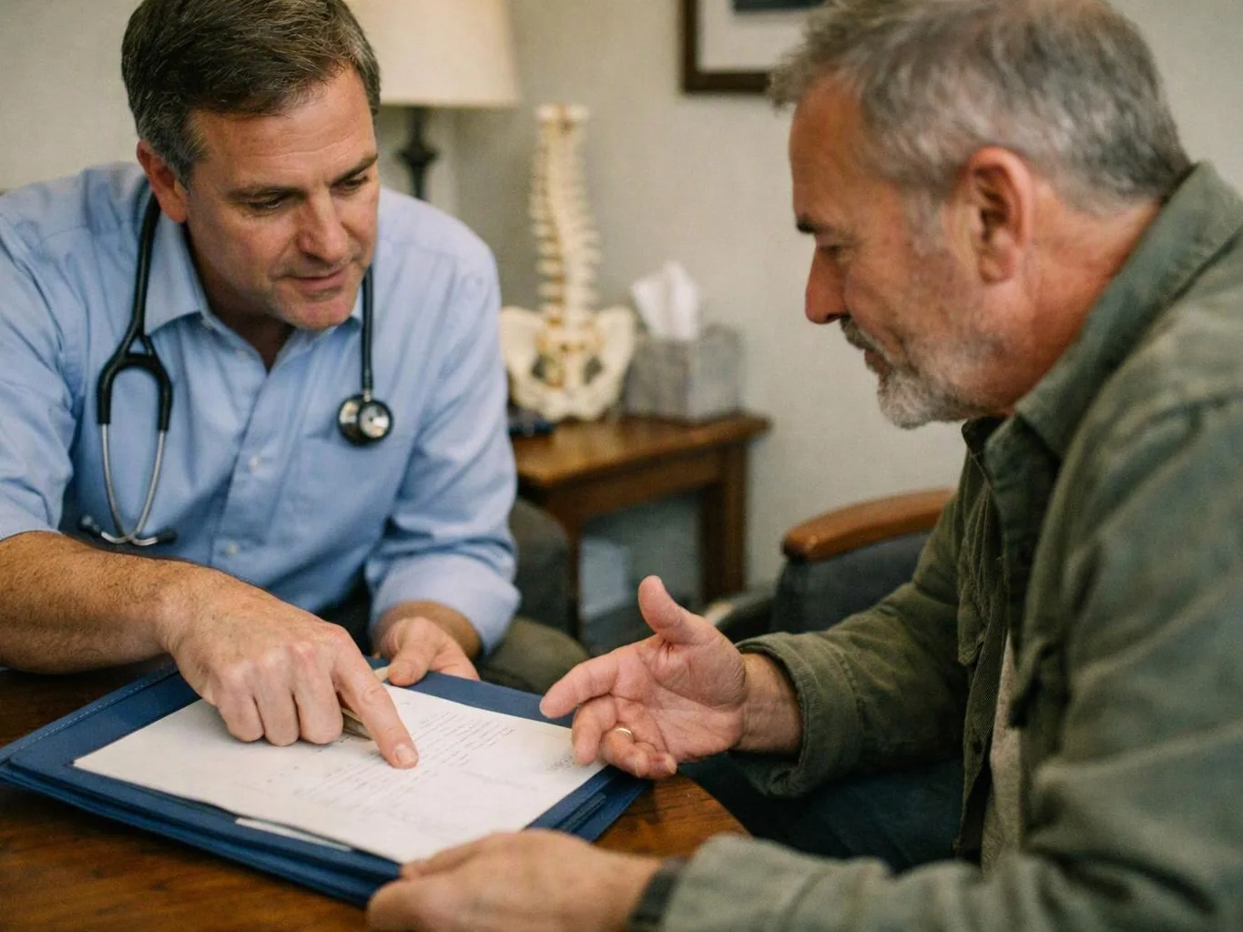 A doctor points at a clipboard while talking with an older man in a clinic office