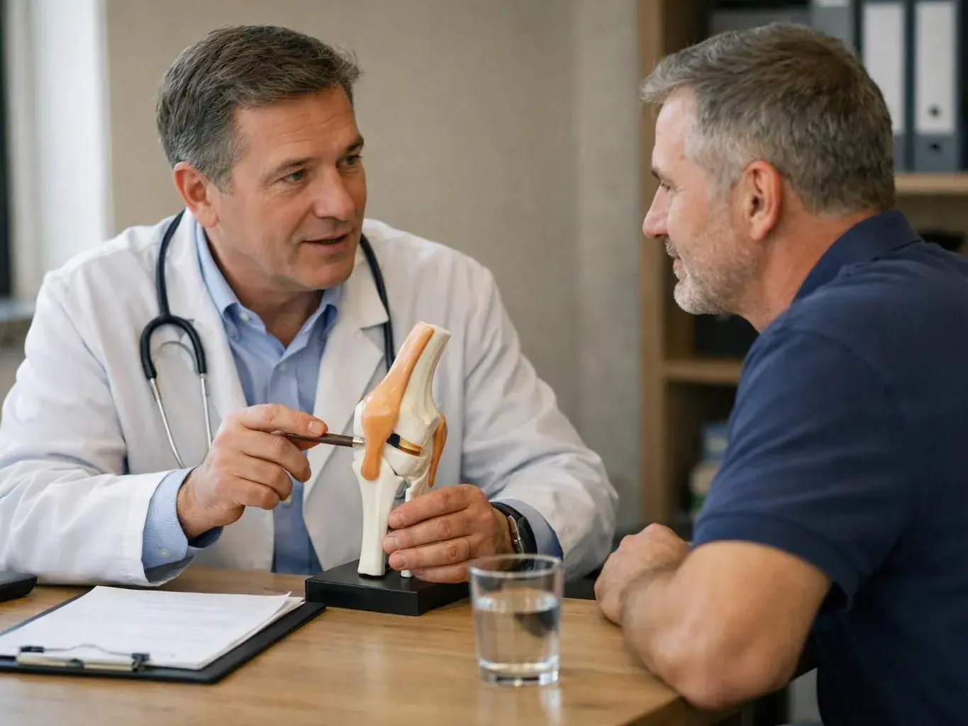A doctor points to a knee model while talking with a seated man in an office