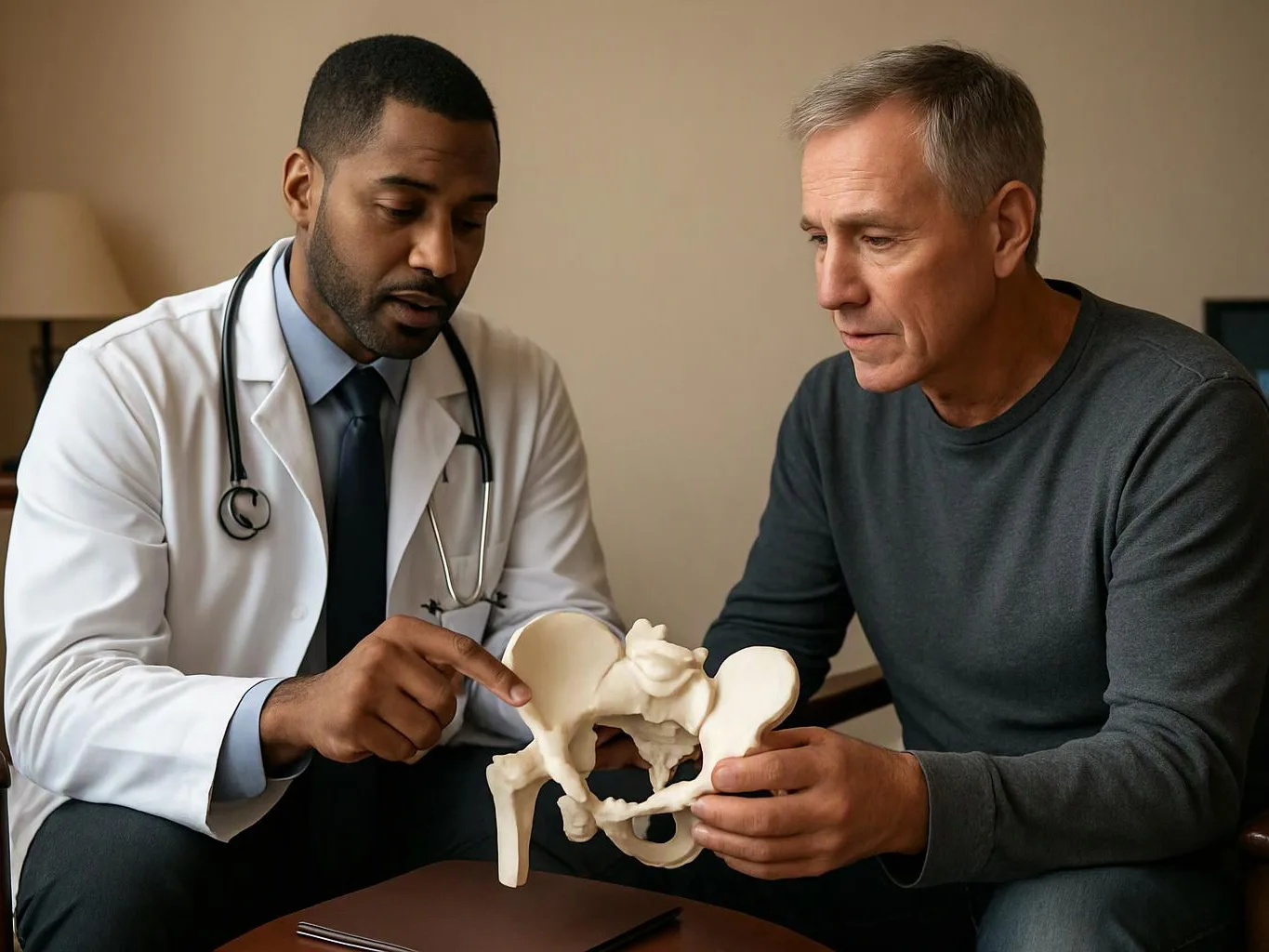 A doctor points to a pelvis model while talking with a seated man in a quiet exam room