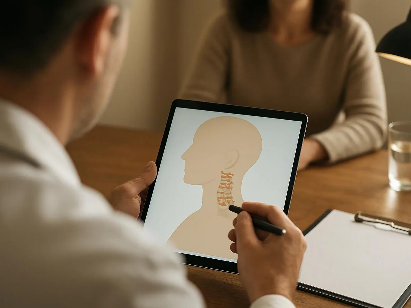 A doctor points at a tablet showing a neck anatomy diagram during a table consultation