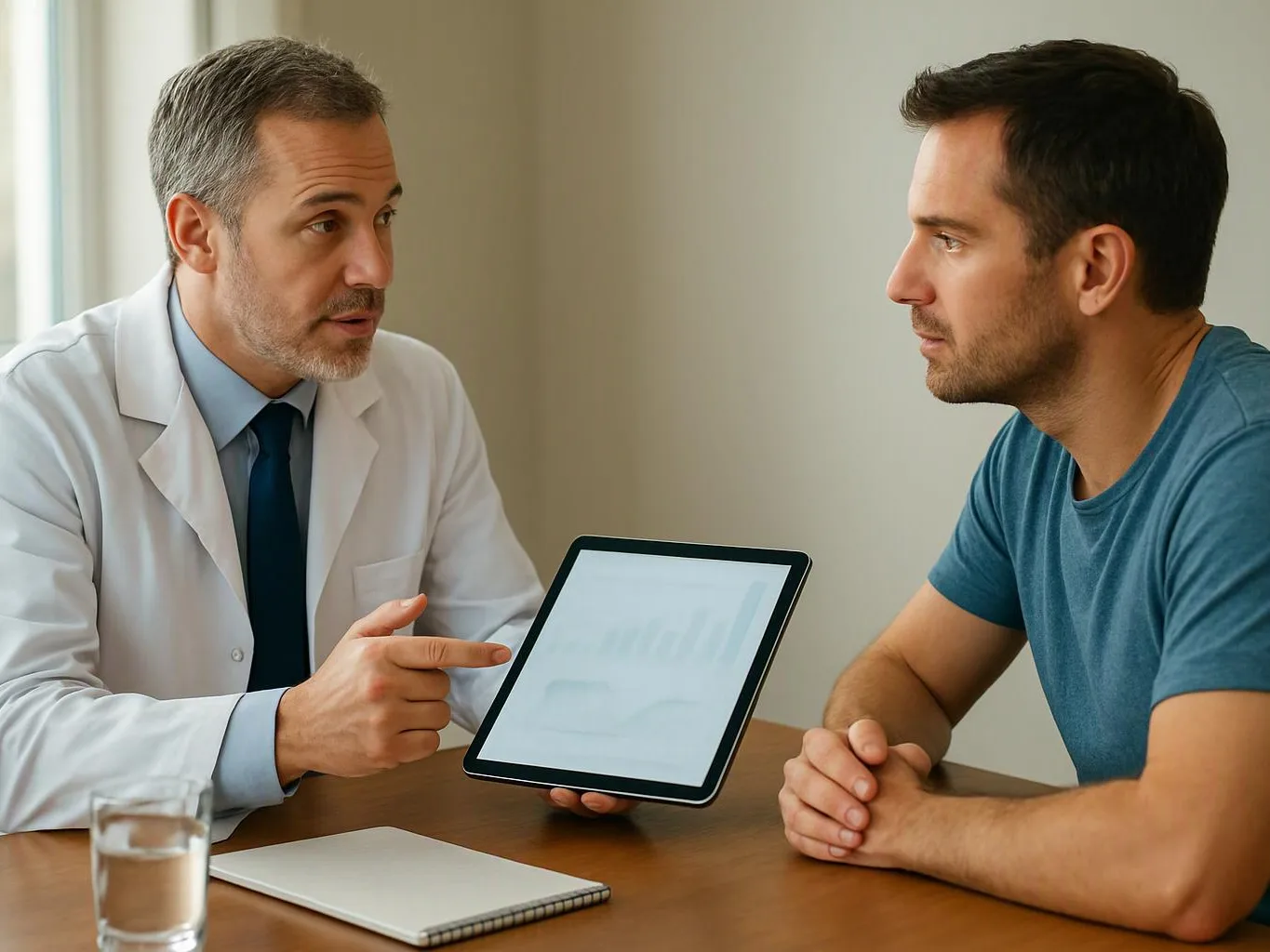 A doctor points at a tablet while talking to a man across a table in a clinic room