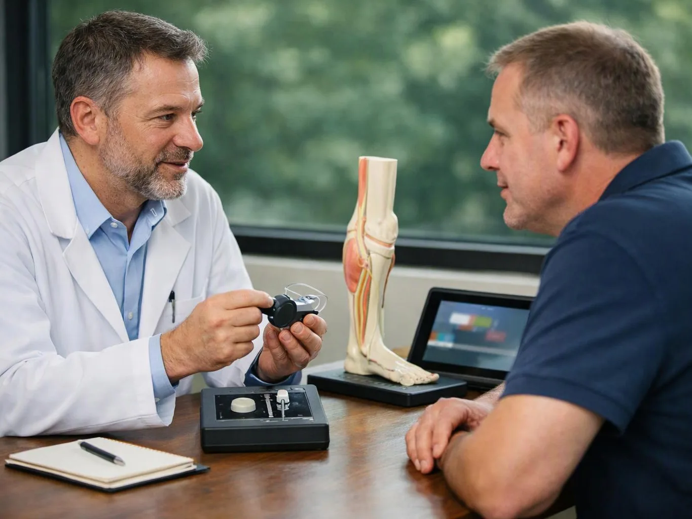 A doctor shows a man a knee model and medical device across a desk in a clinic office