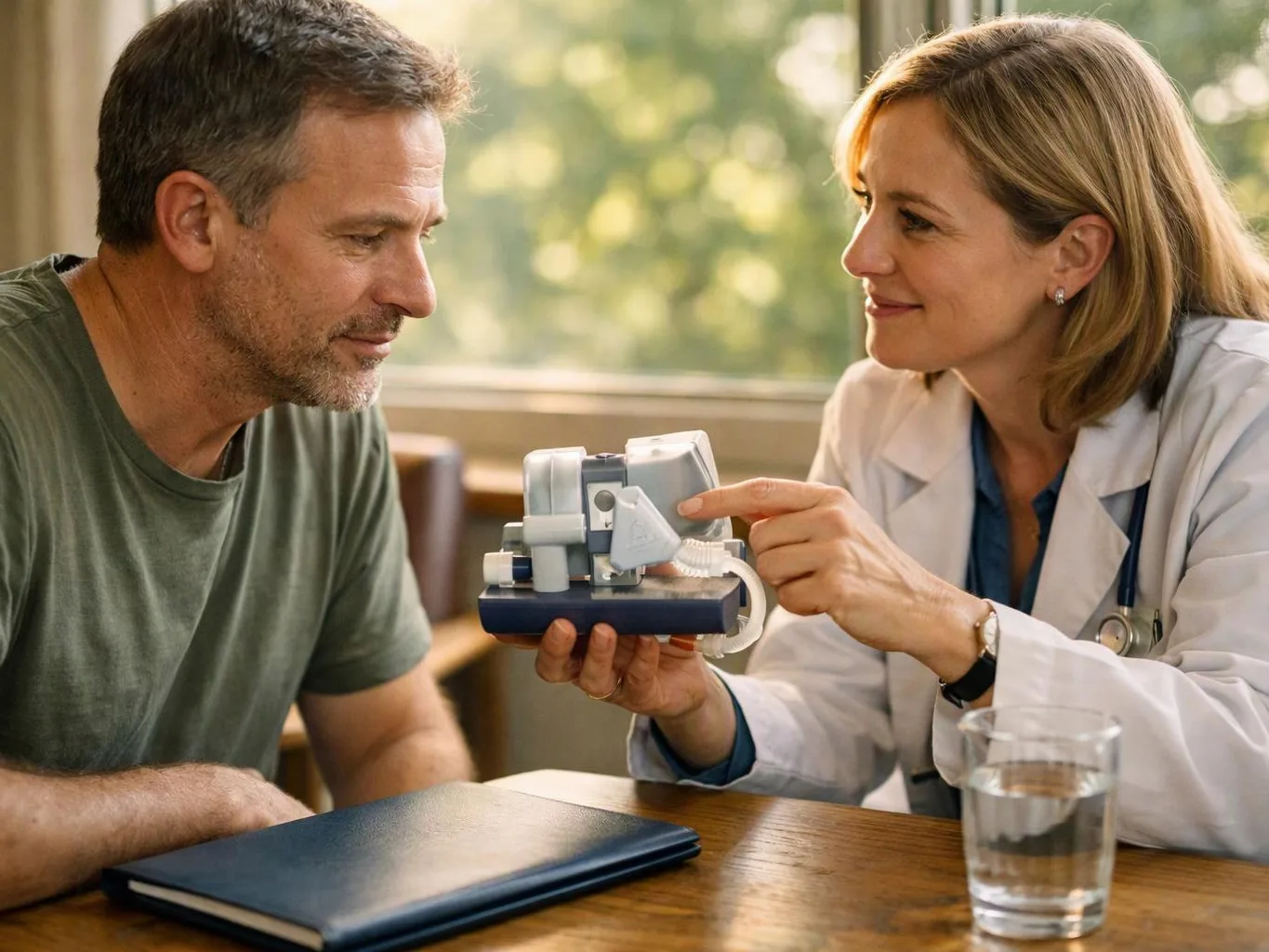 A doctor shows a man a small medical device at a table near a window