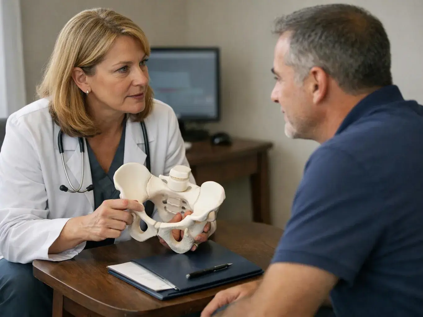 A doctor shows a pelvis model to a man during a consultation in an exam room