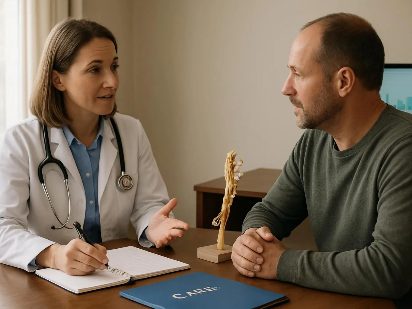 A doctor speaks with a seated man across a desk, with a hand model and notebook between them