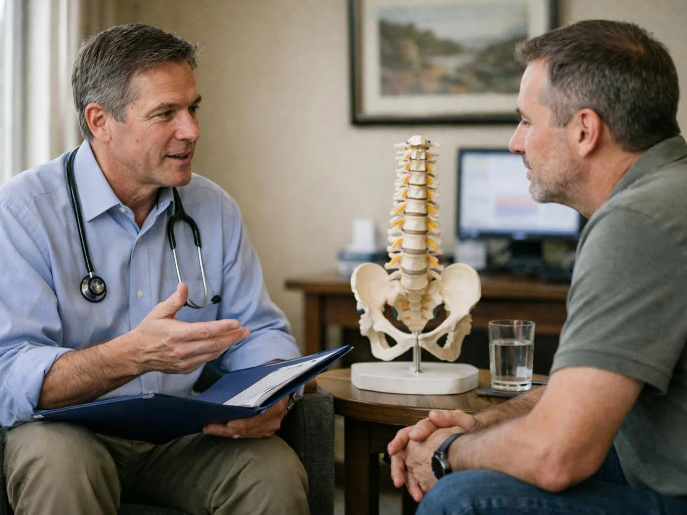 A doctor speaks with a seated man beside a spine model in a clinic office