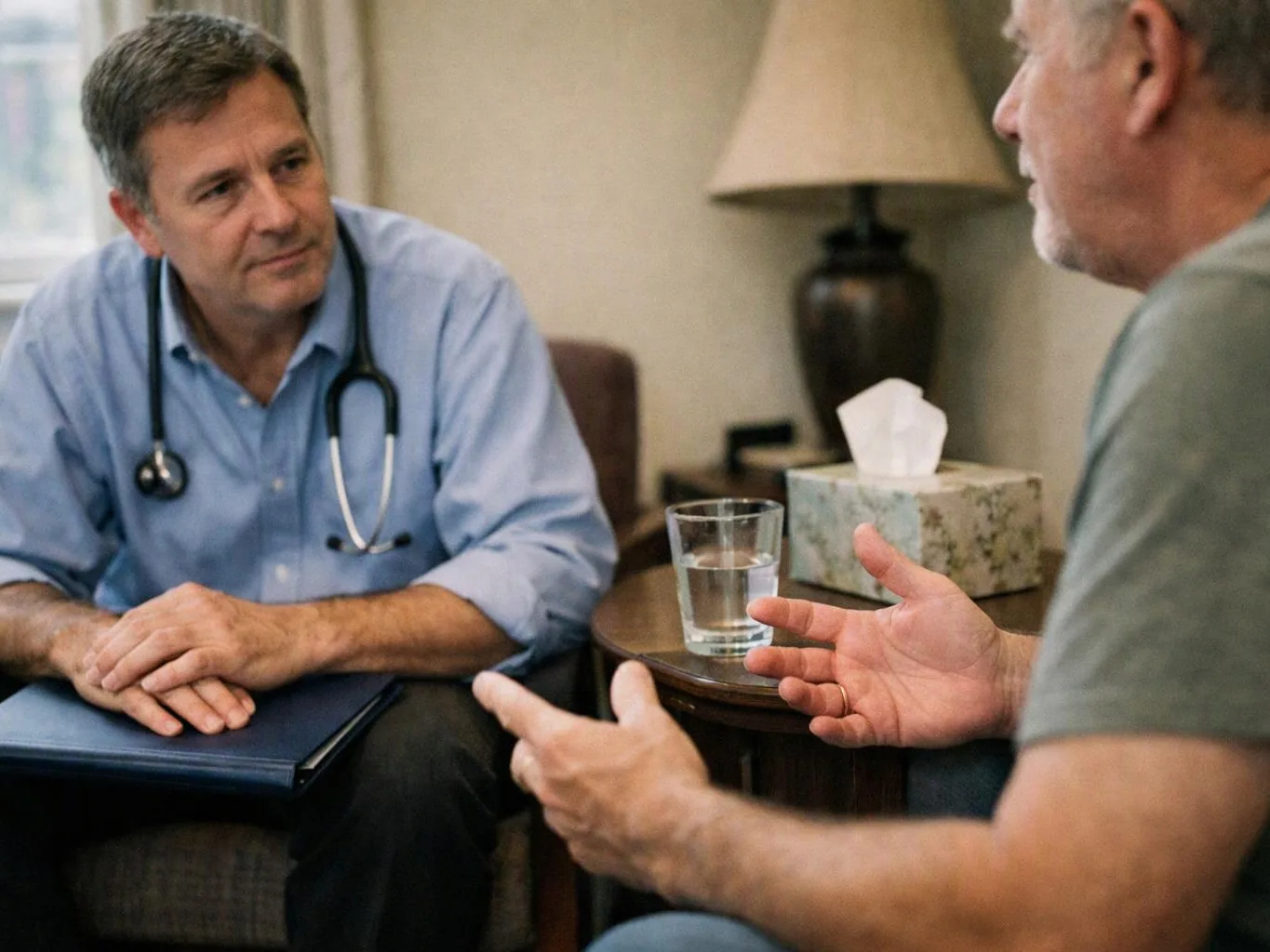 A doctor with a stethoscope listens to an older man talking in a small room with a lamp and tissue box