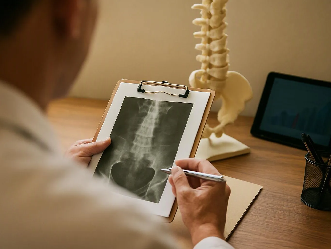 A doctor studies a spine X-ray on a clipboard beside a model spine and laptop on a desk