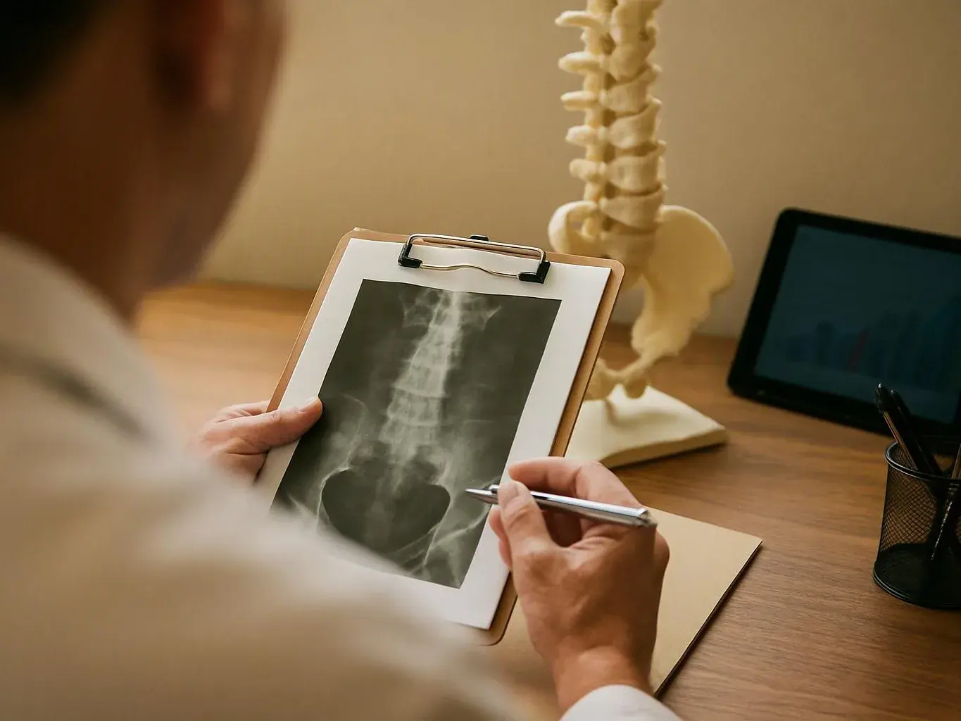 A doctor studies a spine X-ray on a clipboard at a desk with a spine model and tablet nearby
