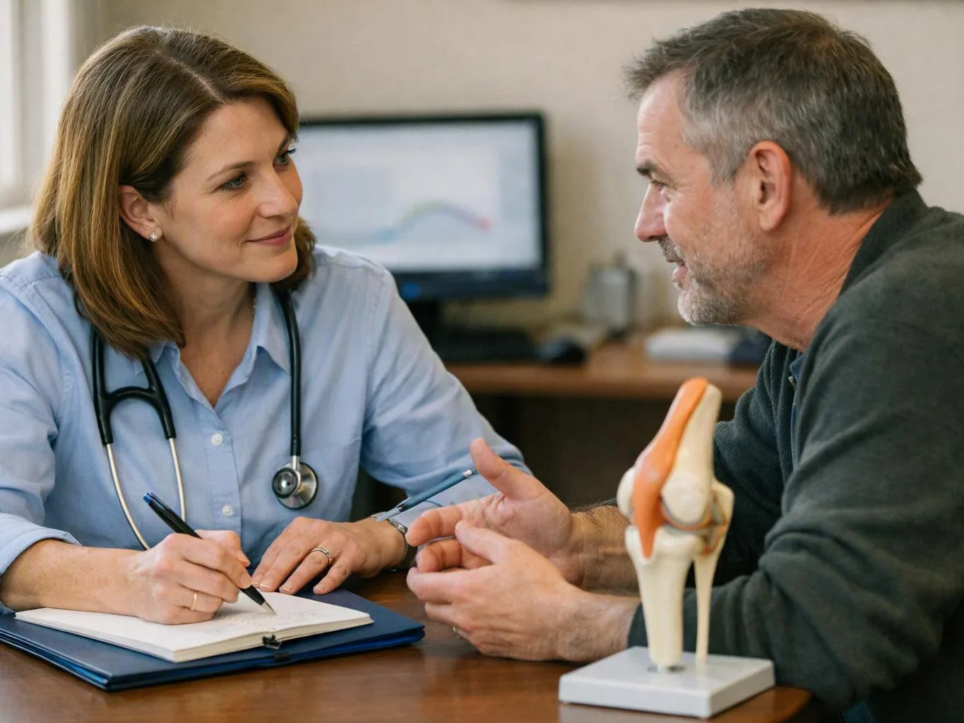 A doctor takes notes while talking with a man across a desk, with a knee model in front of them