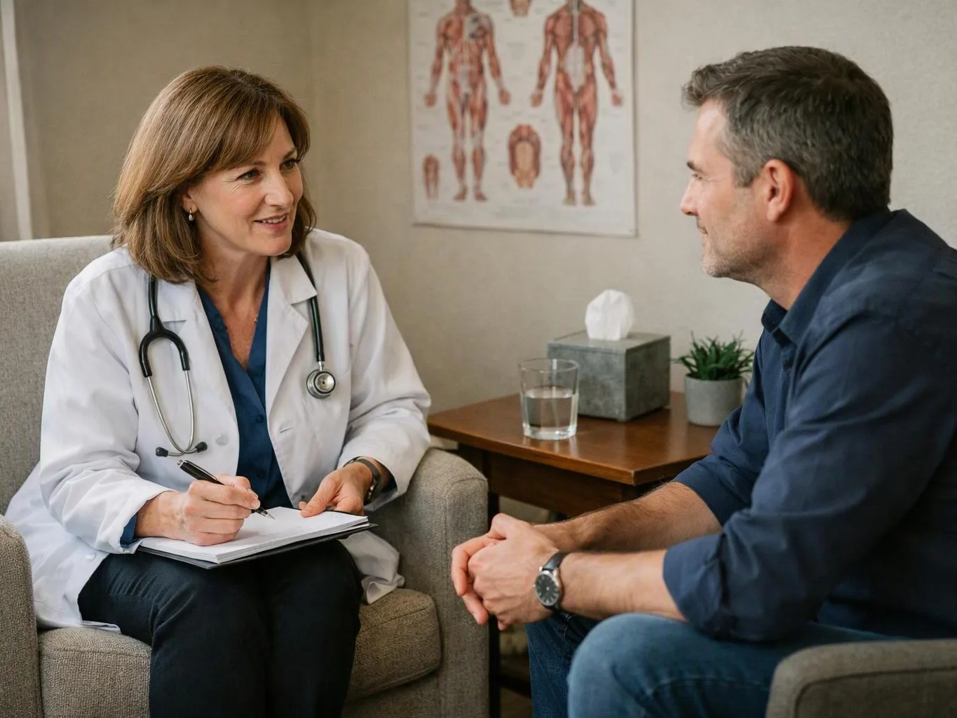 A doctor talks with a man in a clinic office while taking notes on a clipboard