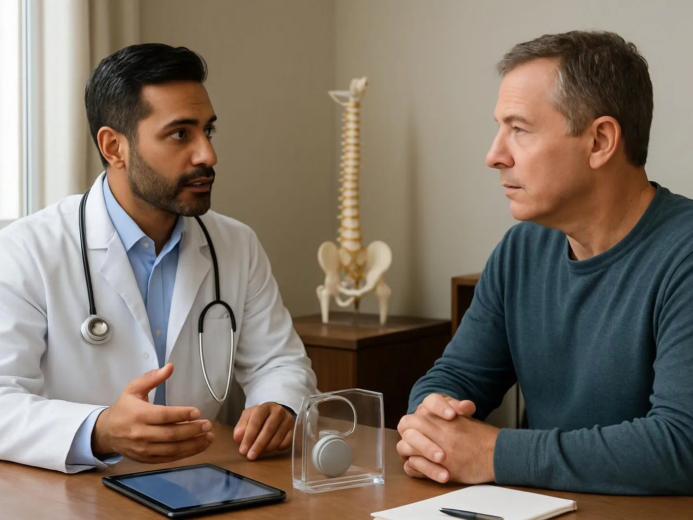 A doctor talks with a seated man across a desk in a clinic, with a spine model behind them