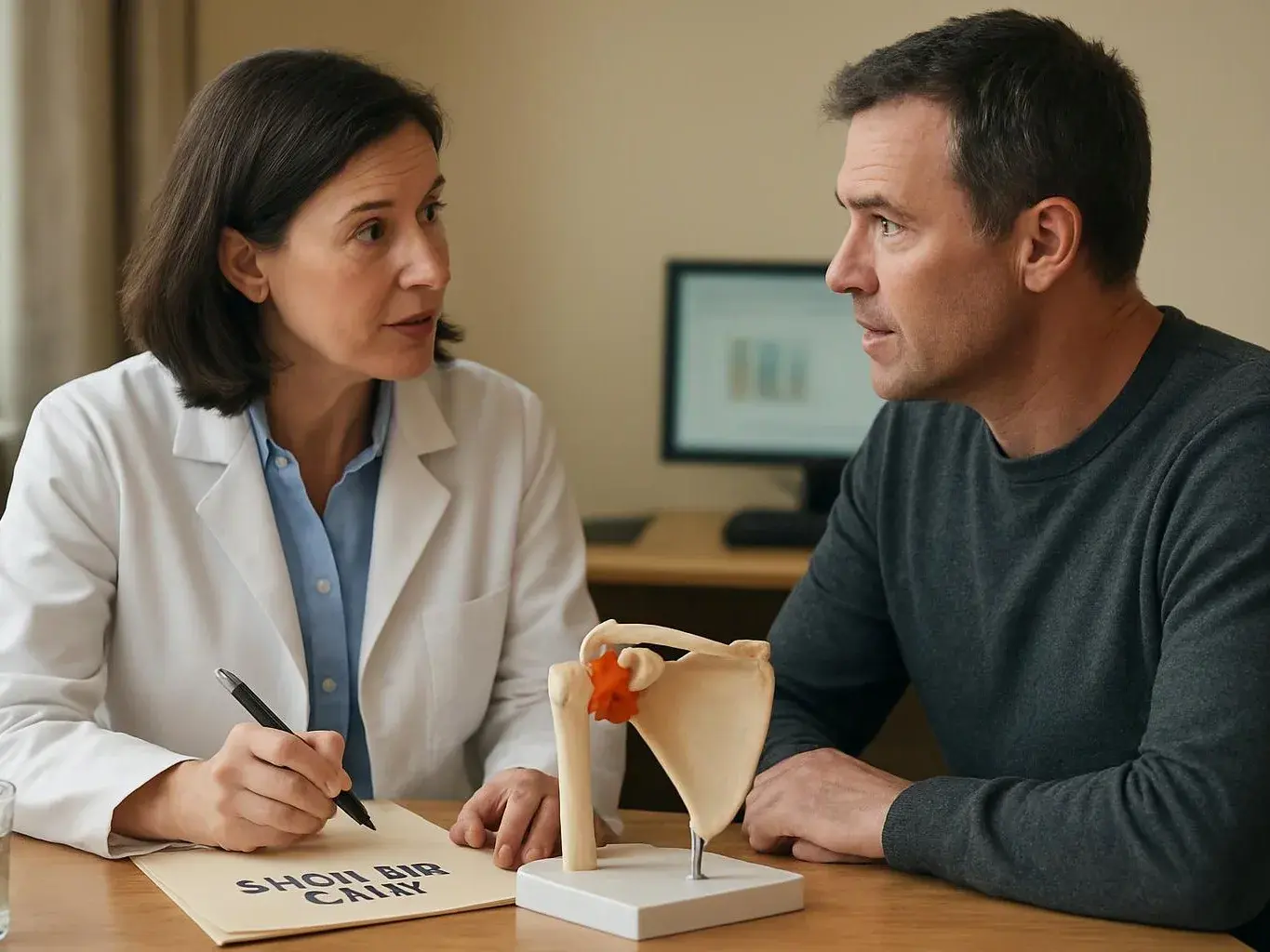 A doctor talks with a seated man beside a shoulder model in a clinic office