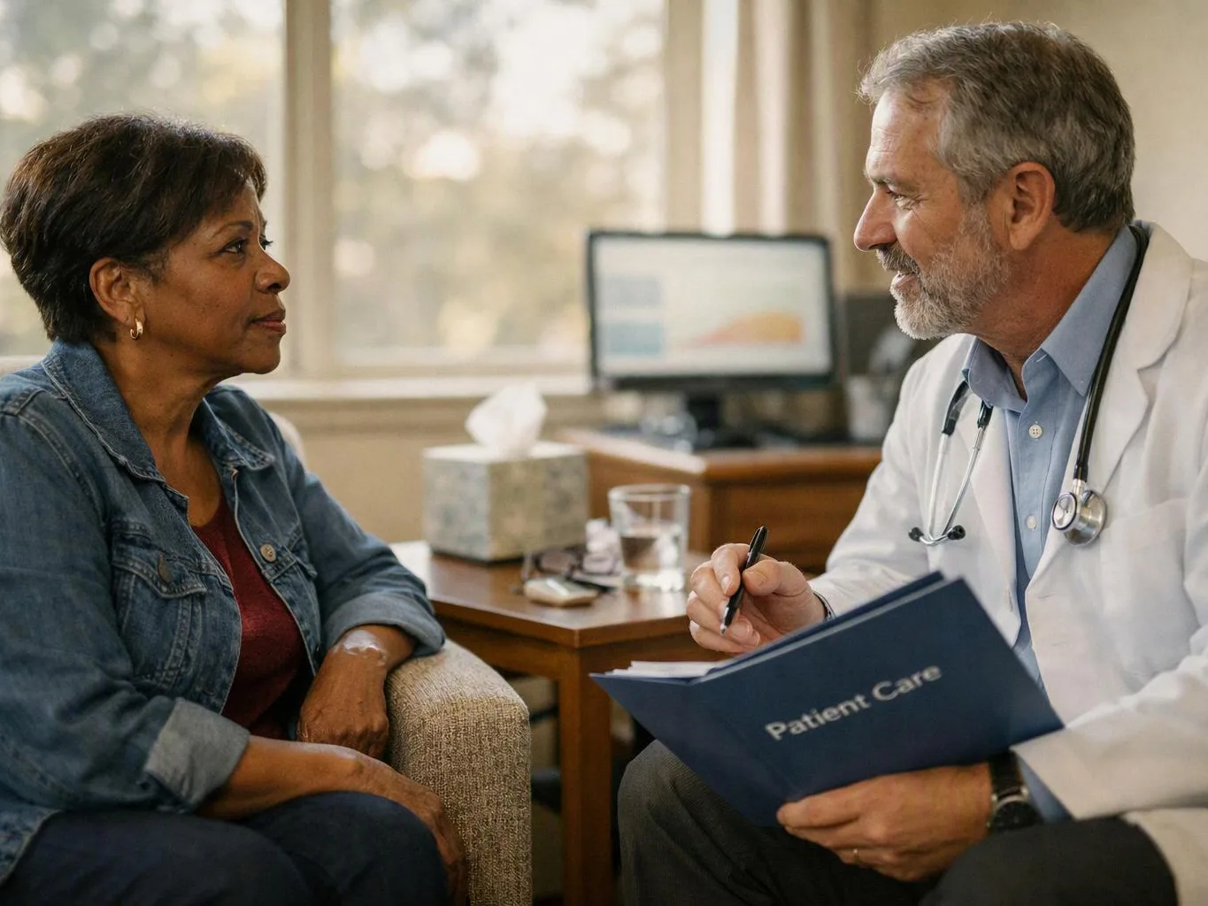 A doctor talks with a seated woman in a bright clinic office, holding a patient care folder