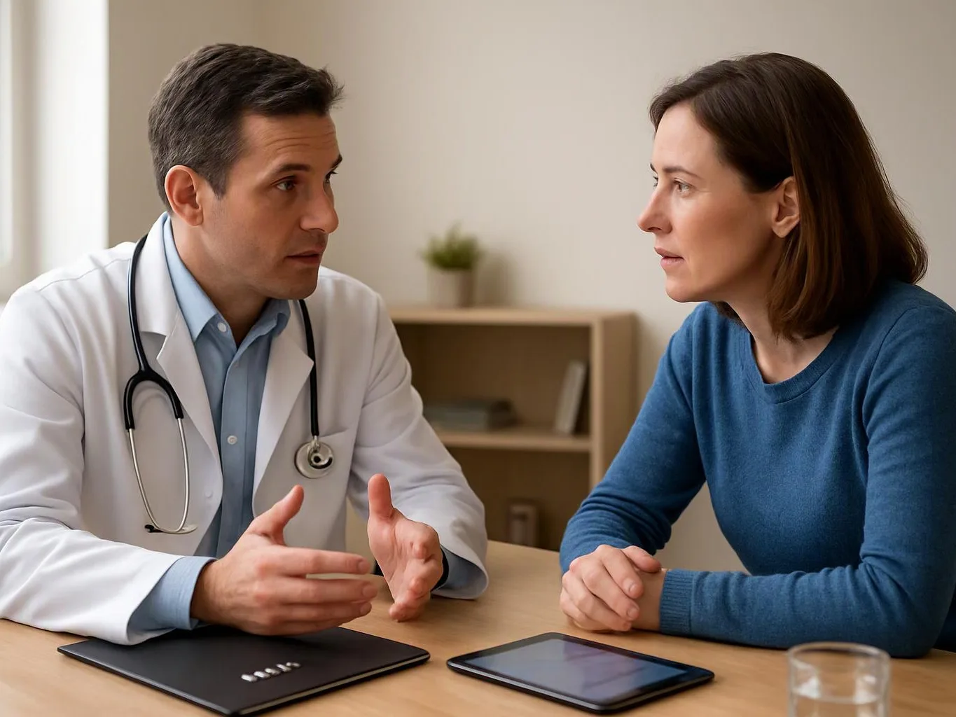 A doctor talks with a woman across a table, with a laptop, tablet, and glass of water in a bright room