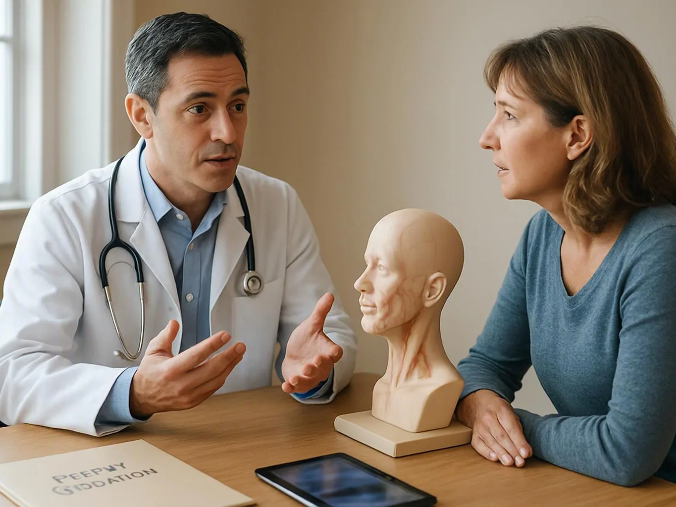 A doctor talks with a woman across a table, with a medical head model and tablet between them