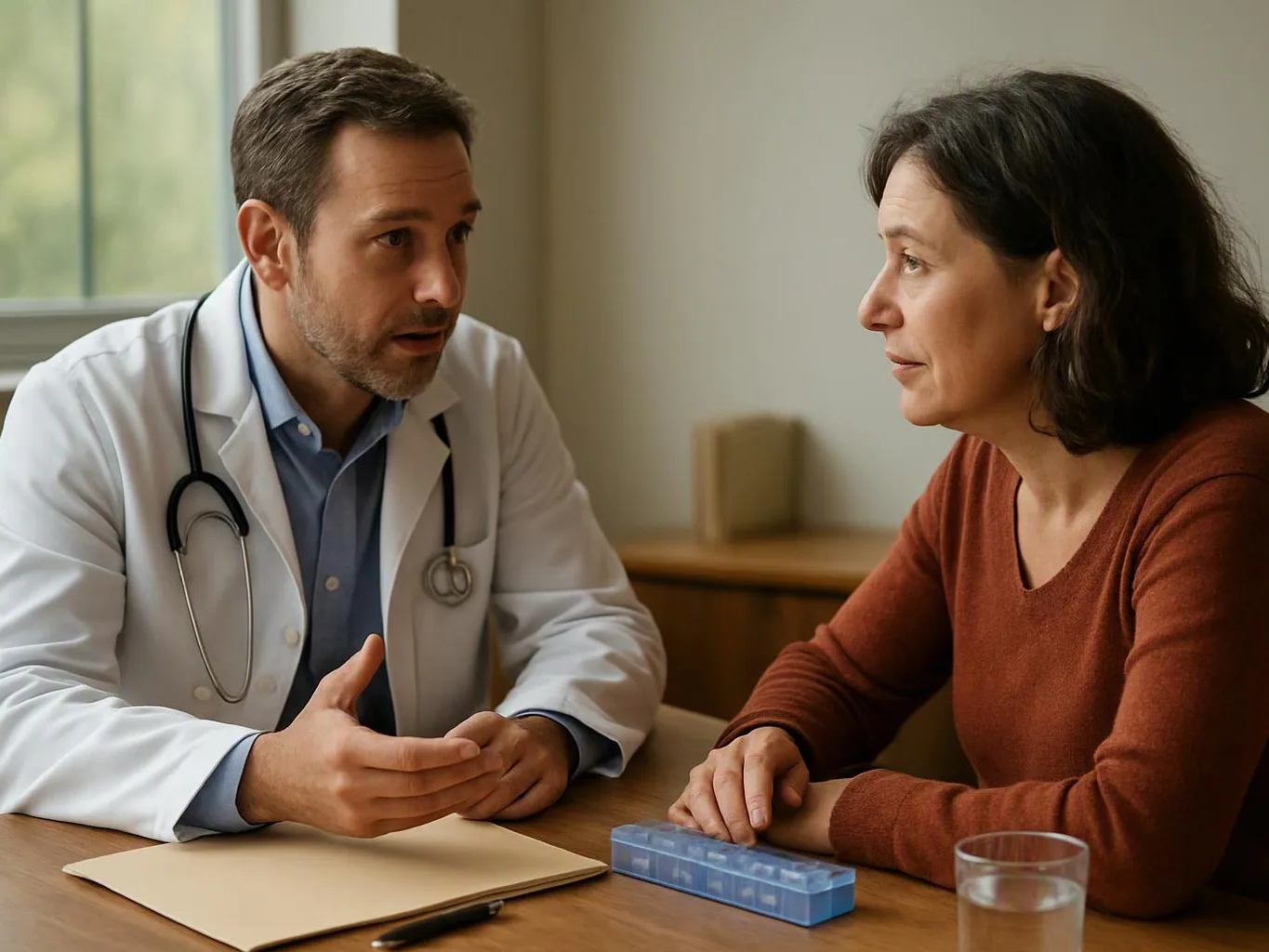 A doctor talks with a woman at a table, with a pill organizer, folder, pen, and glass nearby