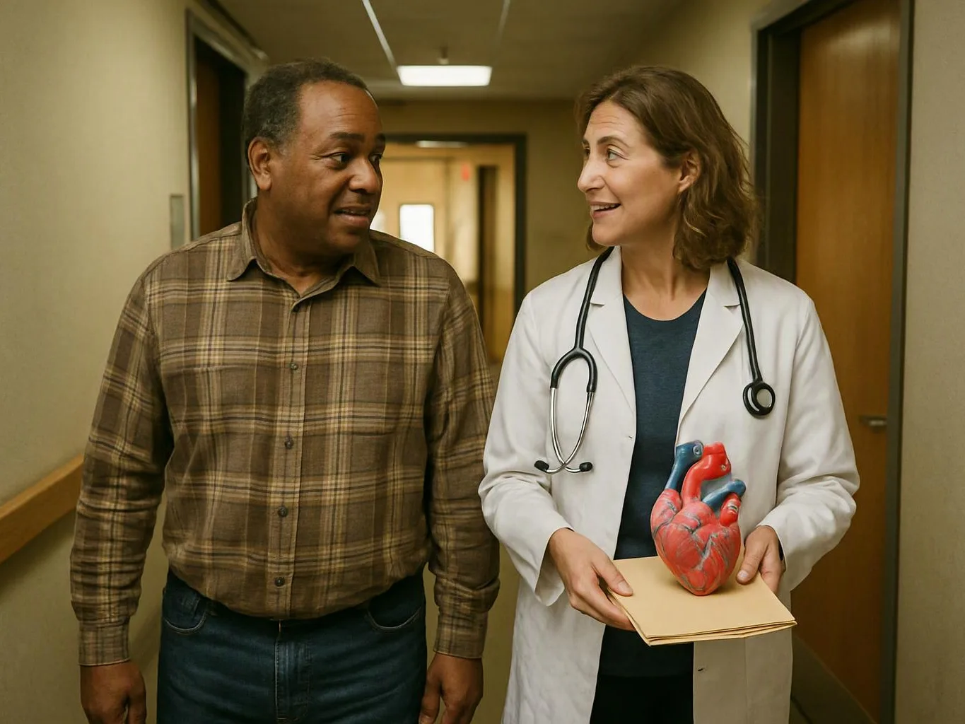 A doctor walks down a hallway with a man, holding a heart model and a folder