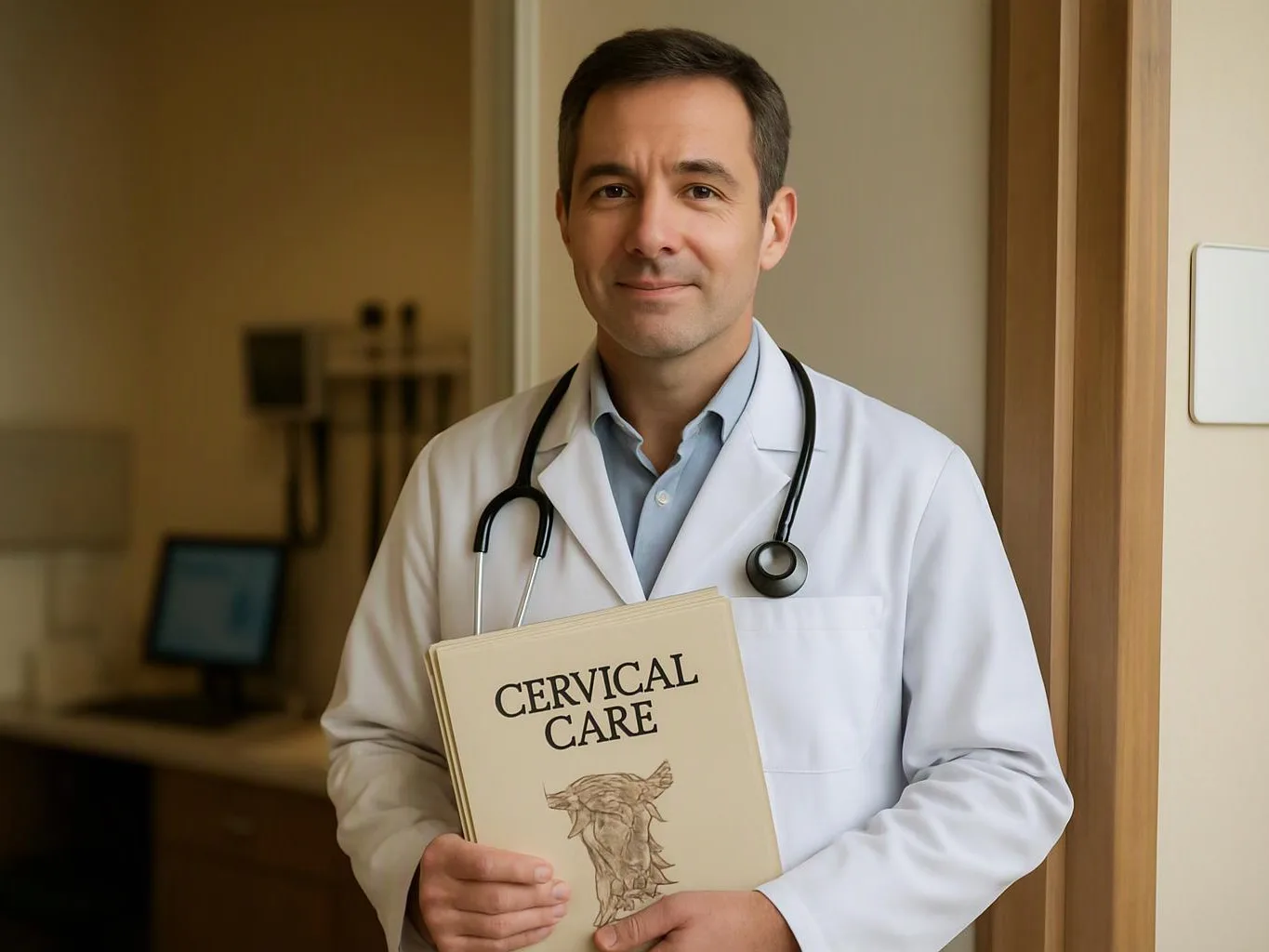 A doctor in a white coat holds a book titled "CERVICAL CARE" in a clinic doorway