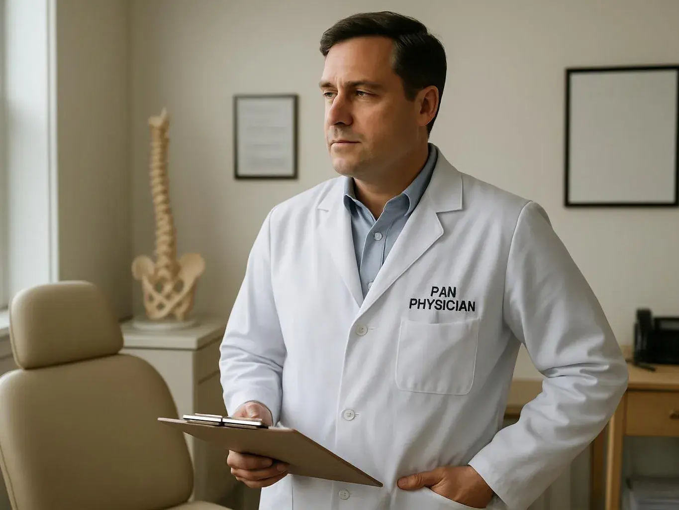 A doctor in a white coat holds a clipboard in a quiet exam room with a spine model behind him