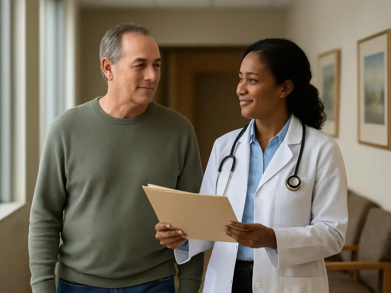 A doctor in a white coat holds a folder and smiles beside a man in a hallway