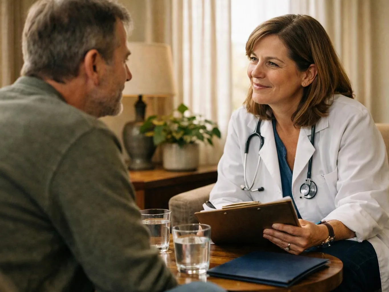 A doctor in a white coat listens to a seated man during a calm consultation in a cozy room