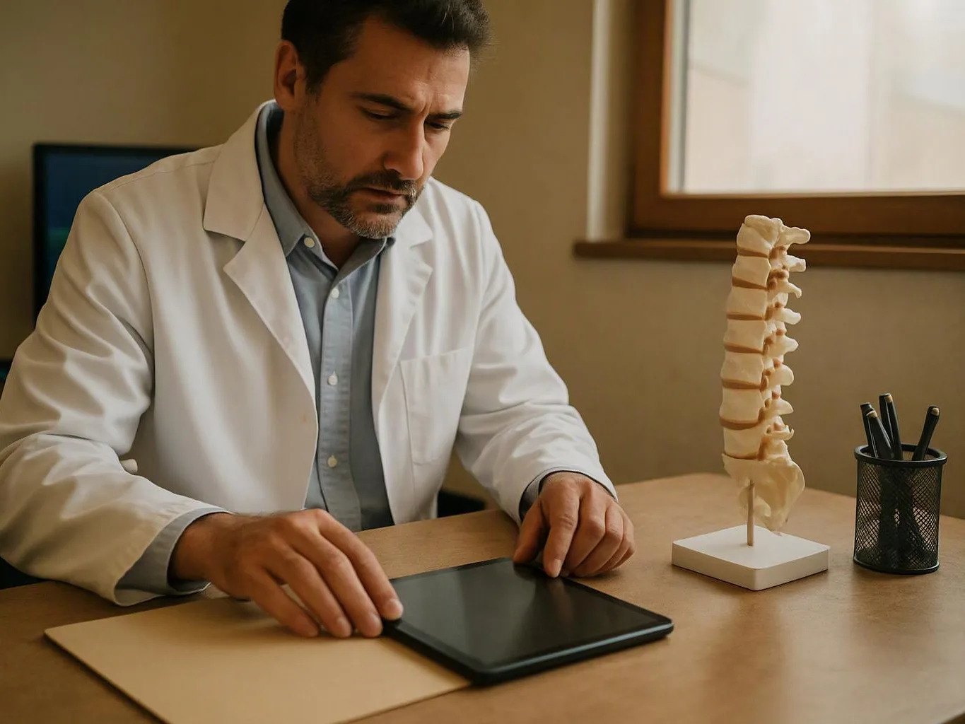 A doctor in a white coat looks at a tablet on a desk beside a spine model and pen holder