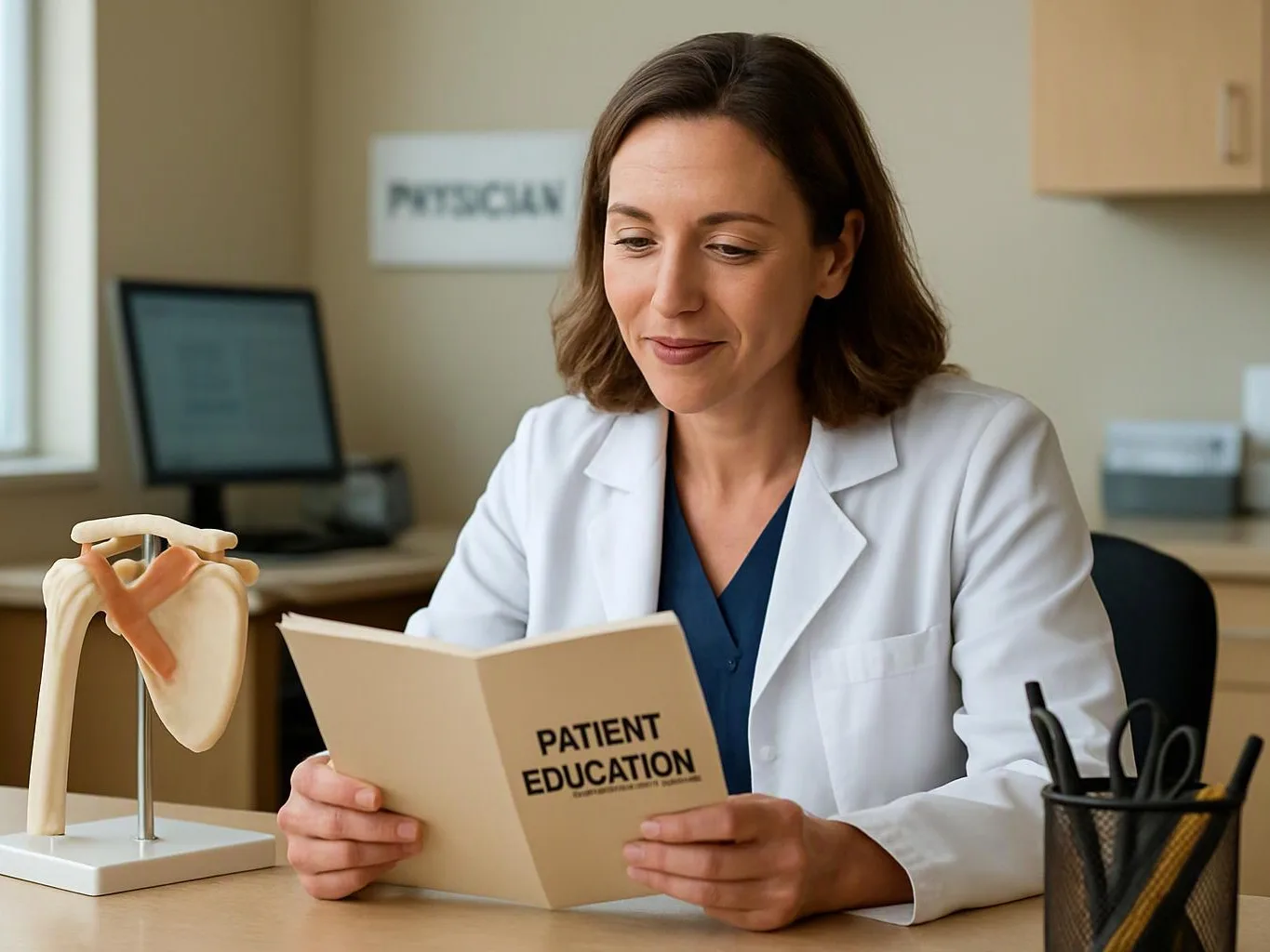 A doctor in a white coat reads a patient education booklet beside a shoulder joint model in a clinic office