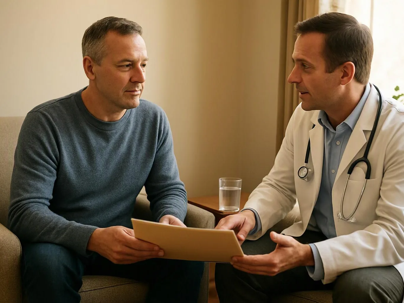 A doctor in a white coat shows a folder to a seated man in a calm office conversation