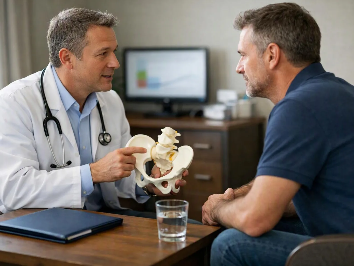 A doctor in a white coat shows a pelvis model to a seated man in an exam room
