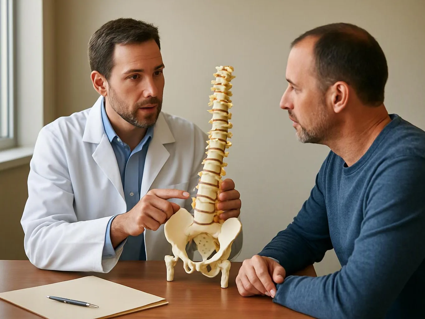A doctor in a white coat shows a spine model to a seated man across a table