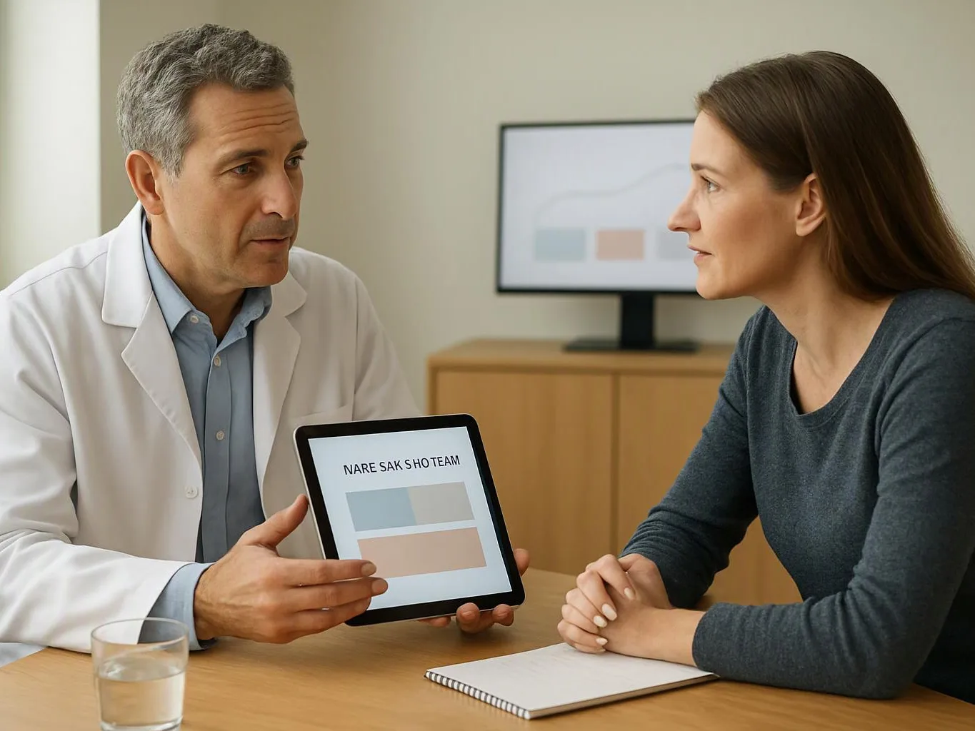 A doctor in a white coat shows a tablet to a seated woman during a conversation in a clinic office