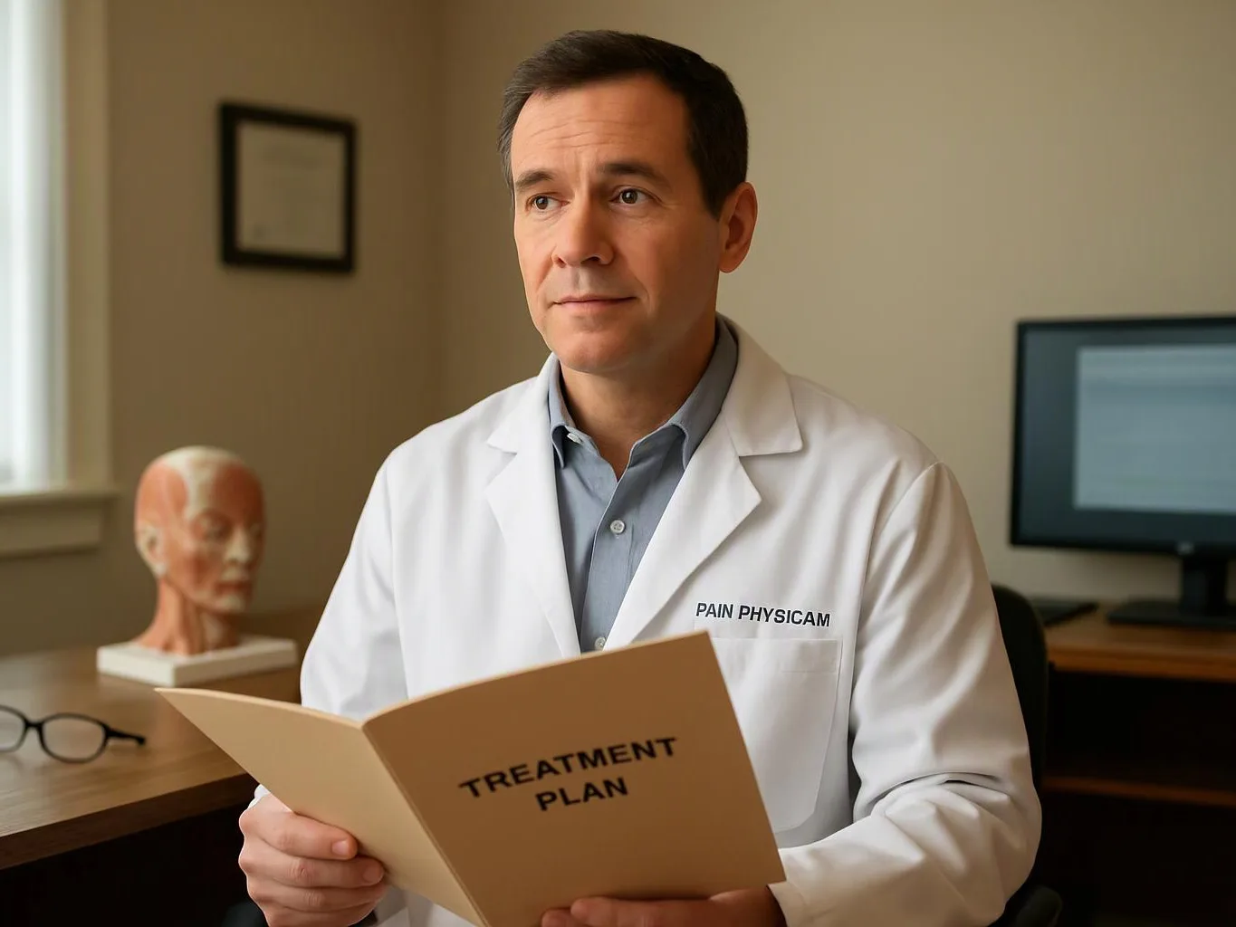 A doctor in a white coat sits in an office, holding a folder labeled treatment plan