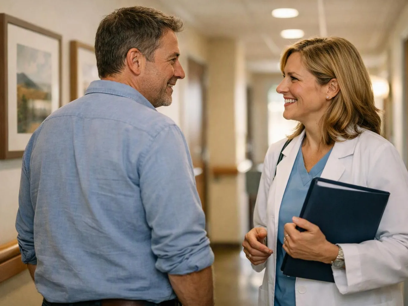 A doctor in a white coat smiles and talks with a man in a hospital hallway