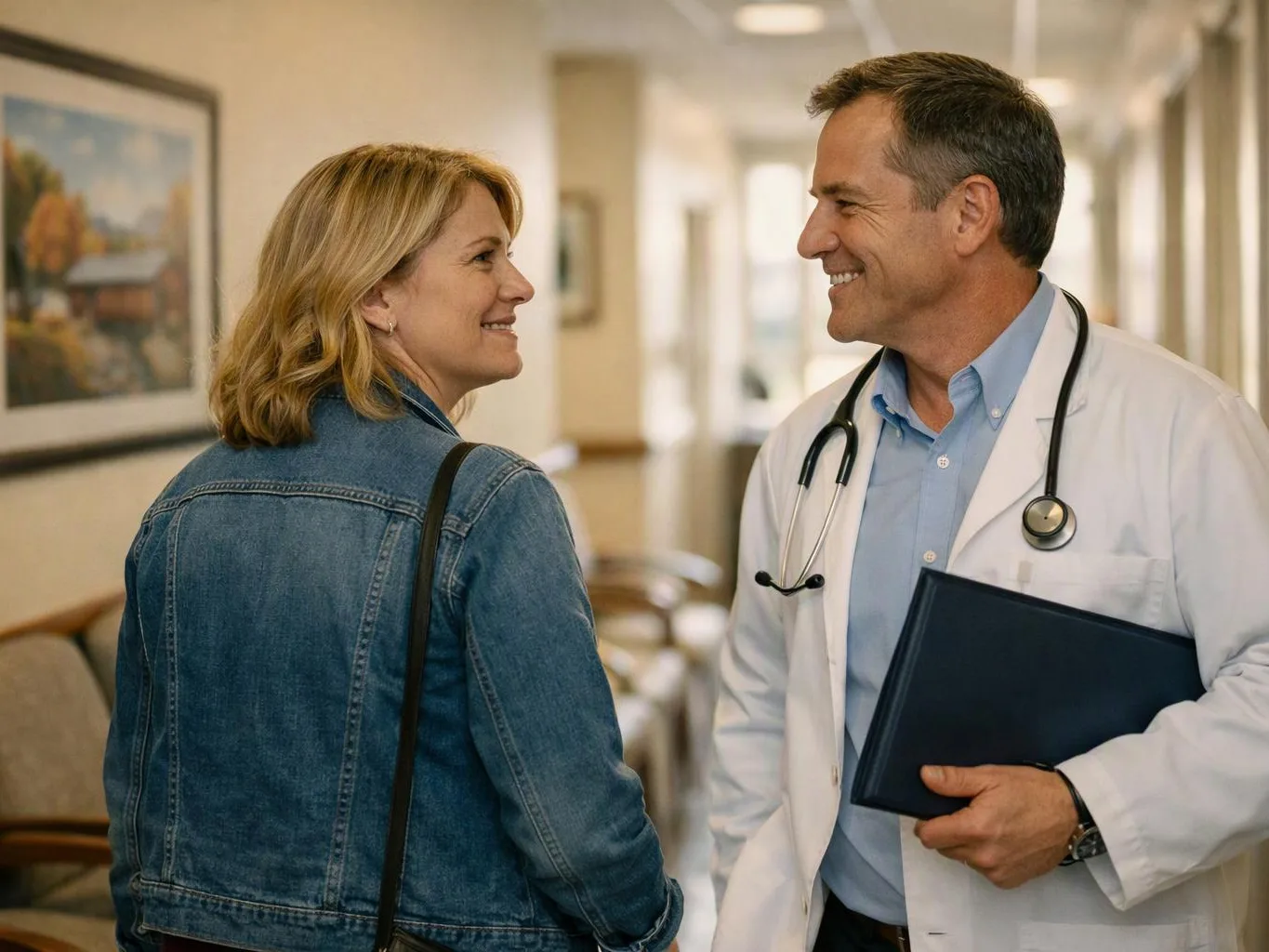 A doctor in a white coat smiles at a woman in a denim jacket in a hospital hallway