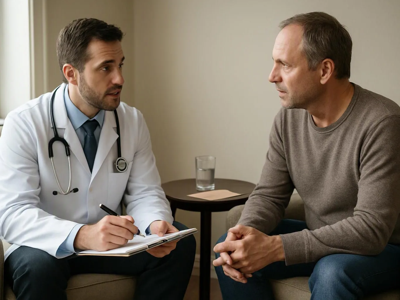 A doctor in a white coat speaks with a seated man while taking notes in a small clinic room