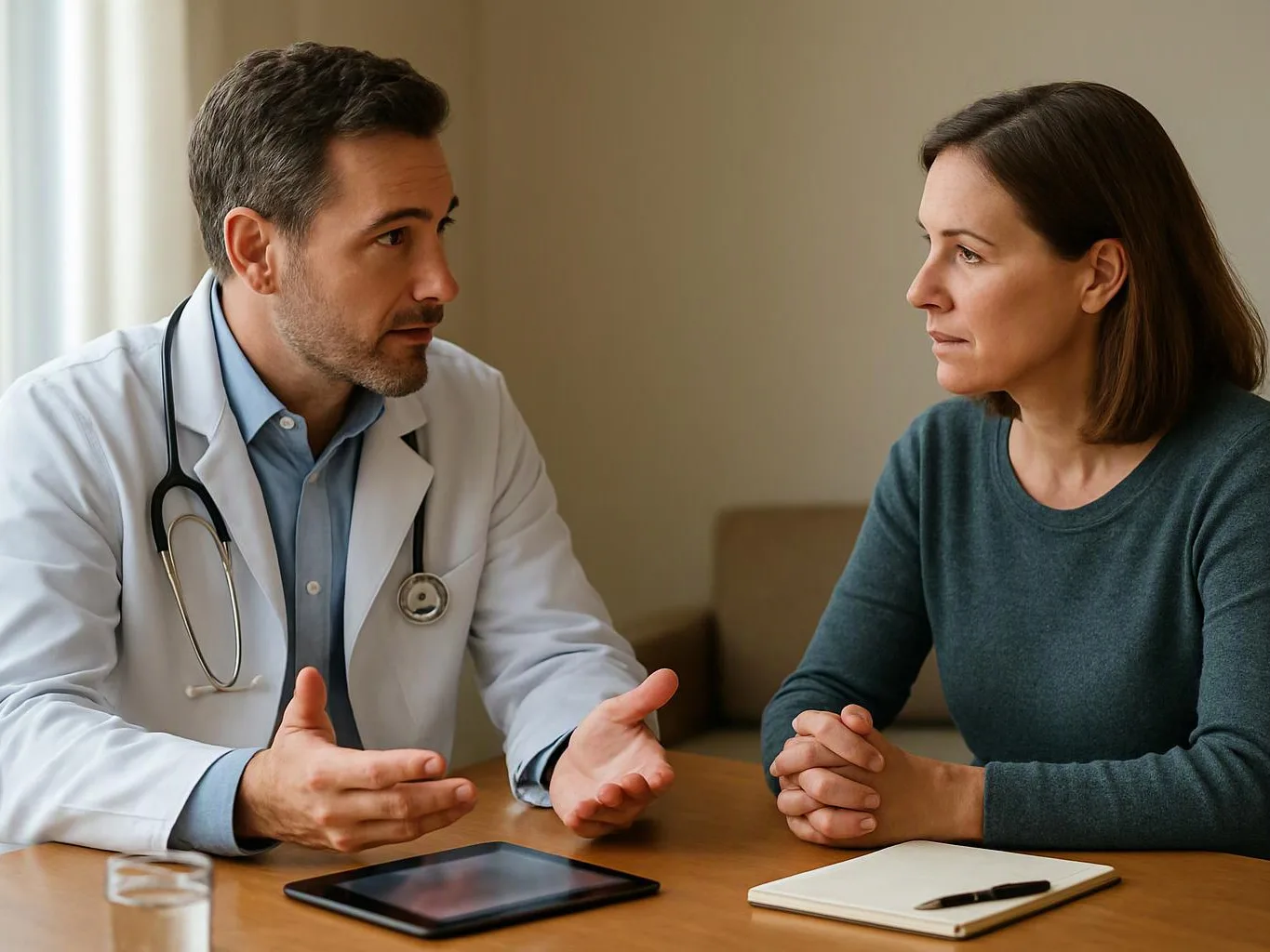 A doctor in a white coat speaks to a woman across a table in a quiet room