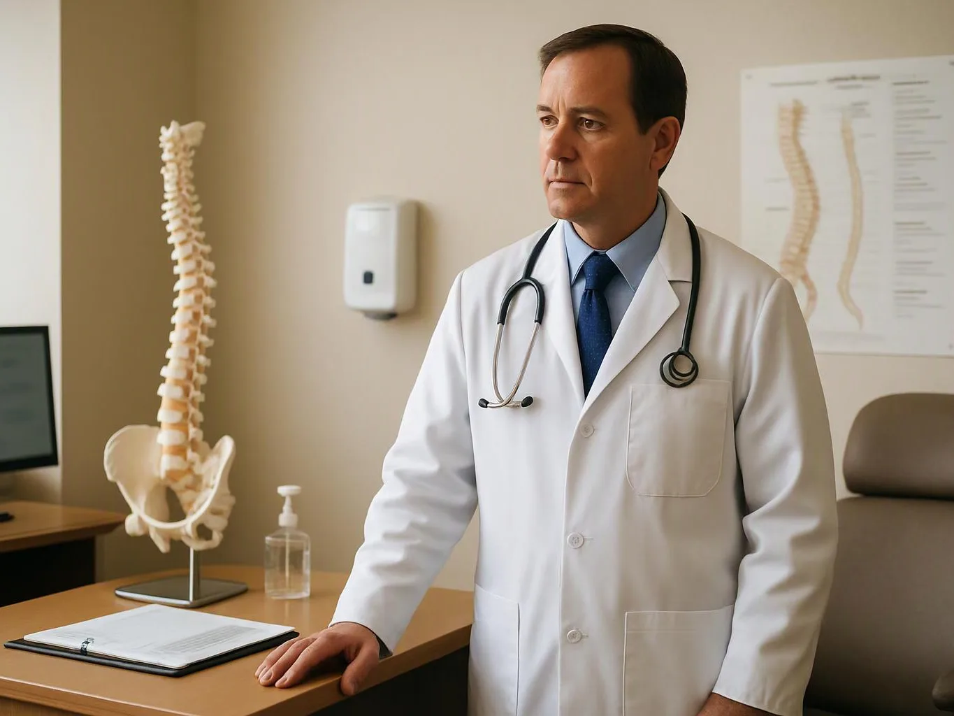 A doctor in a white coat stands beside a spine model in a medical exam room