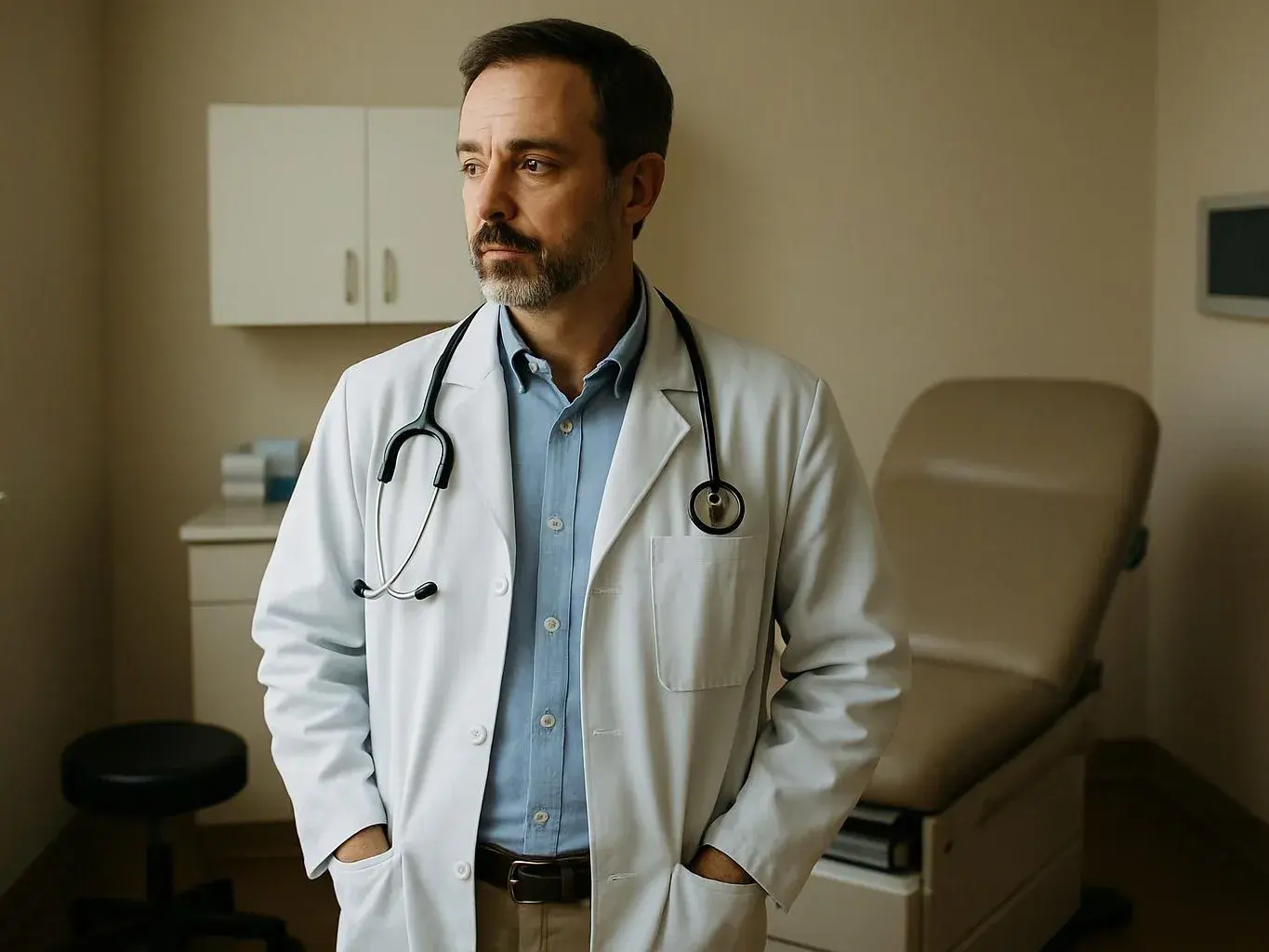 A doctor in a white coat stands in an exam room beside a chair and cabinets, looking left