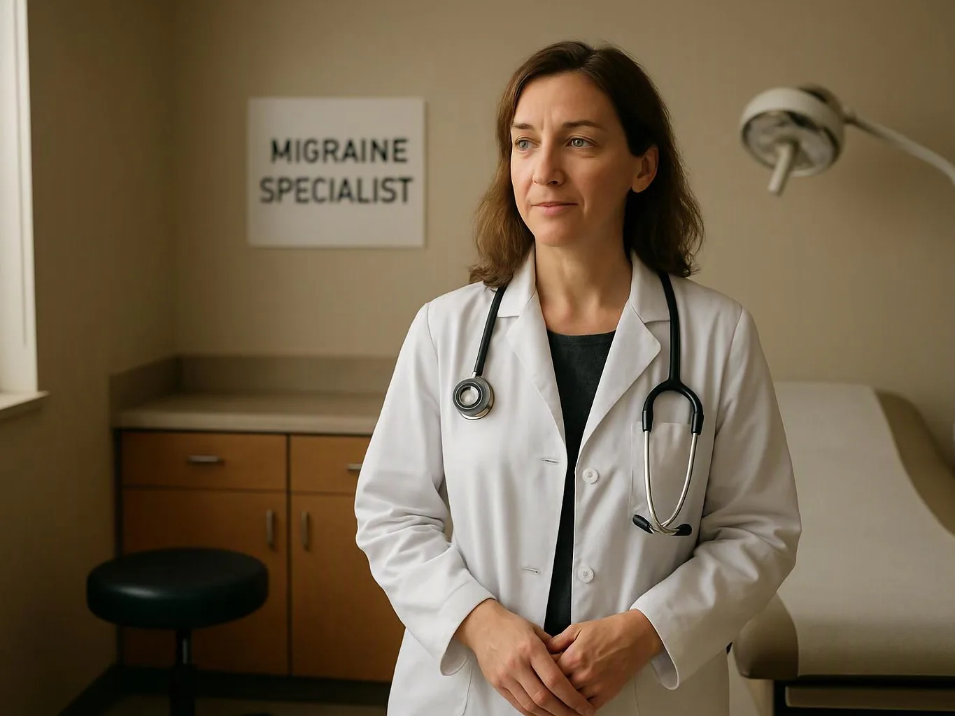 A doctor in a white coat stands in an exam room beside a table and a sign reading migraine specialist